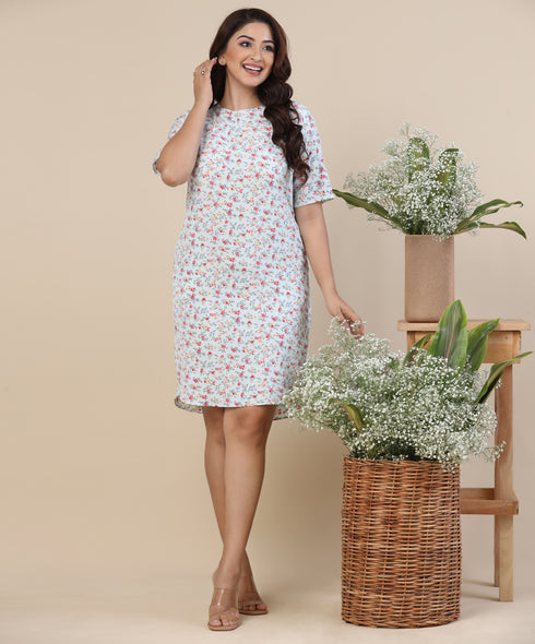 Loose Fitted Basic Printed Mint Dress